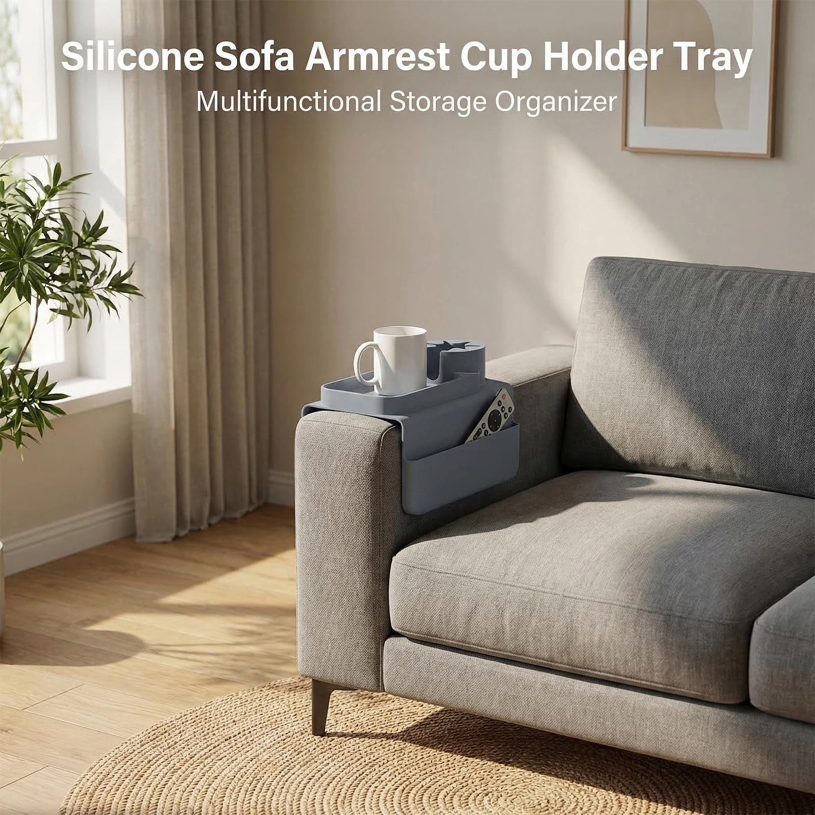 Sofatablett Armlehne mit Getränkehalter, Faltbares Anti Rutsch Sofa Tablett aus Silikon mit Zwei Seitentaschen Couch Ablage für Snacks Getränke Fernbedienung Handy Magazin Armlehnen Tablett Organizer