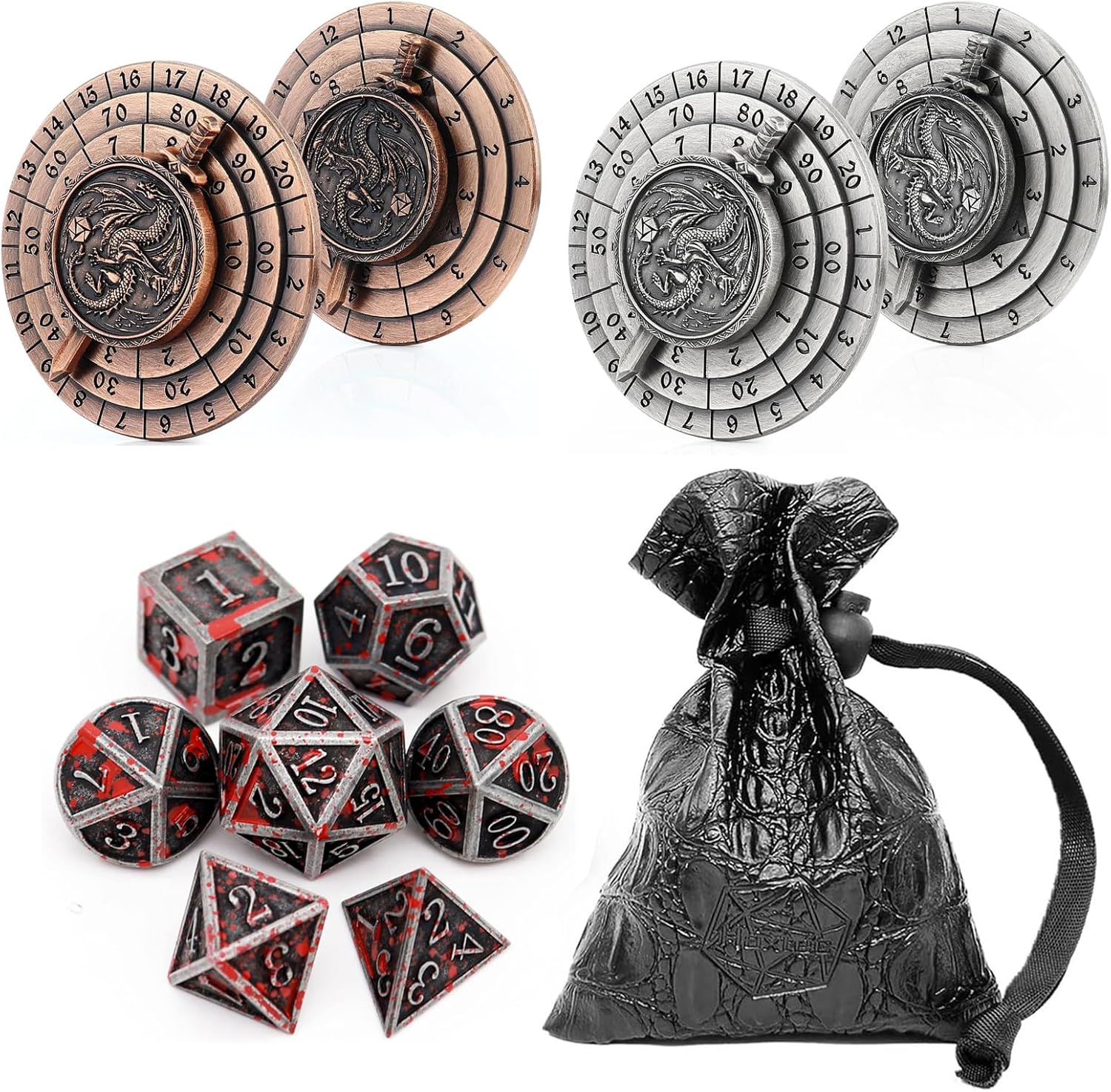 Haxtec Bloodstained Metal DND Dice Set with 7-in-1 Metal Spinner Dice Bundle