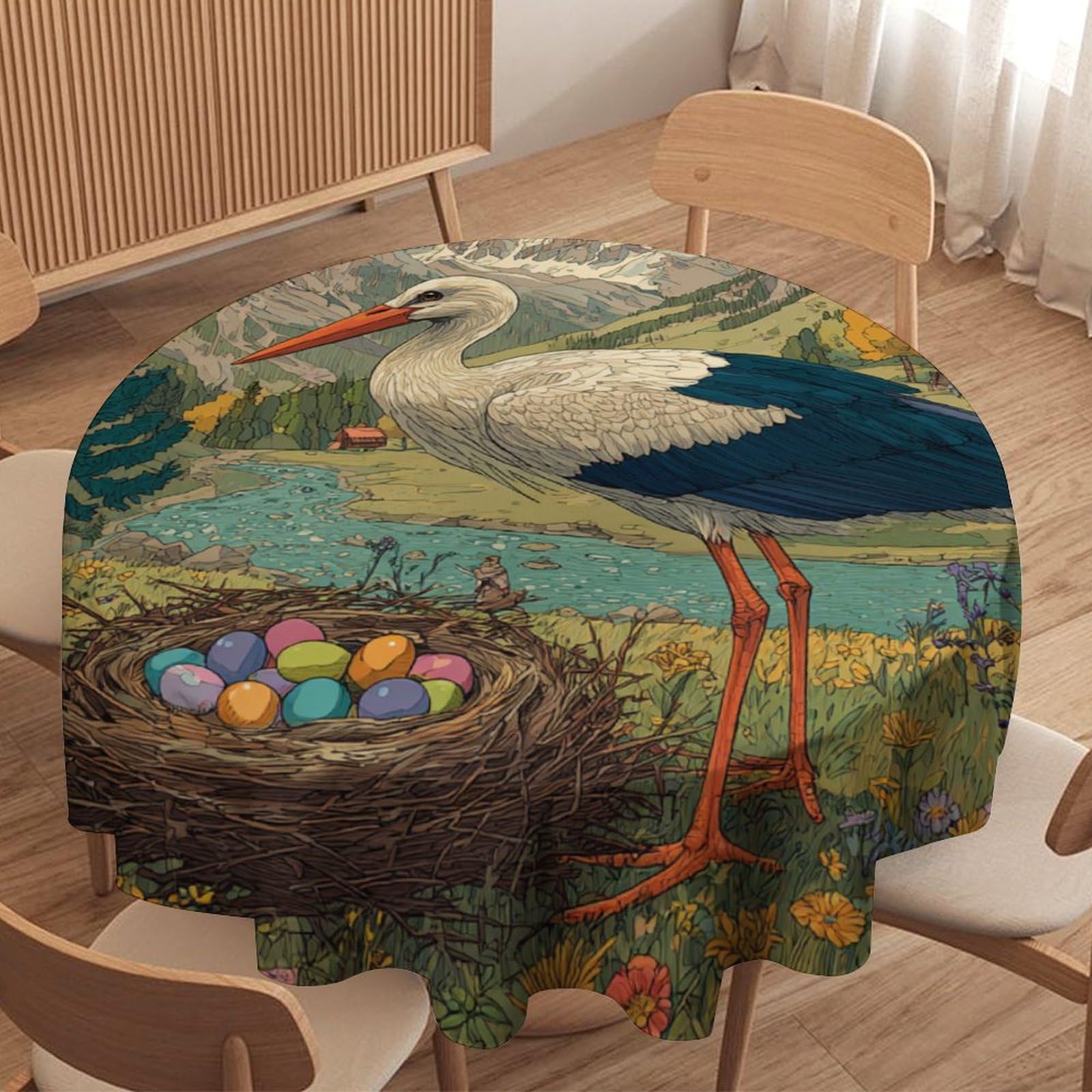 LUYYSKY Elegant Realistic Bird Crane Waterproof Round Tablecloth Modern Art Spring Landscape Colorful Eggs Animal Crane Washable Table Cover for Kitchen-91.4" Wx91.4 L cm