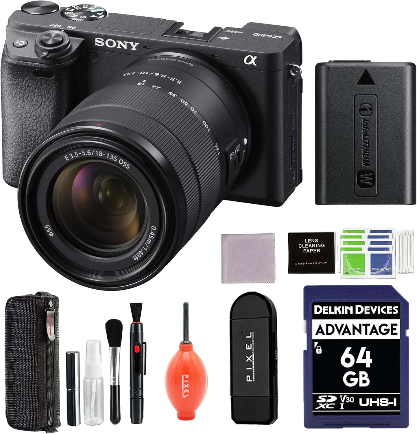 Sony a6400 Mirrorless Camera with 18-135mm f/3.5-5.6 Lens Bundle with 64GB SD Card + More | Alpha 6400 E-Mount APS-C Sensor Black