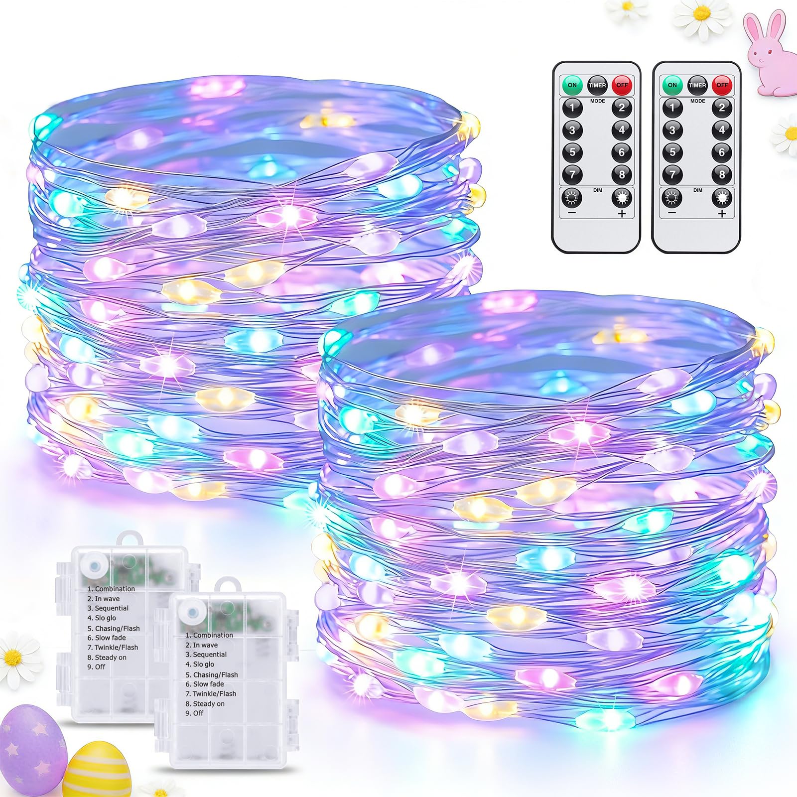 JMEXSUSS 2 Pack Pastel Fairy Lights Battery Operated with Remote, Total 200 LED 66ft Easter Lights Outdoor Waterproof, 8 Modes Battery Powered Twinkle String Lights for Bedroom Indoor Easter Decor