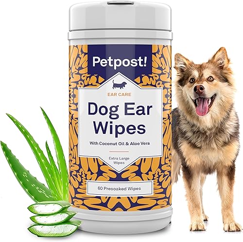 Petpost  Toallitas limpiadoras de orejas grandes para perros - 60 almohadillas de algodón ultra suaves XL en solución de aloe de aceite de coco -