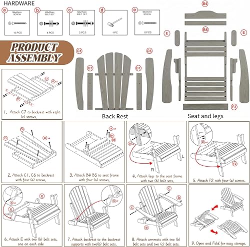 Miniatura 5 de Silla Adirondack plegable, de madera maciza, sillas para hogueras para todo tipo de clima, con respaldo premontado y tabla de asiento para terraza,