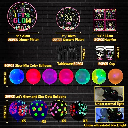Miniatura 7 de 231 piezas de suministros de fiesta de neón que brillan en la oscuridad, decoraciones de fiesta de luz negra, juego de vajilla para fiesta, platos,