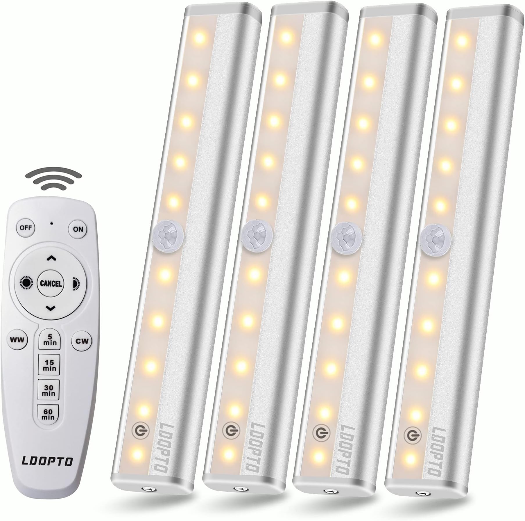 – LDOPTO Under Cabinet Kitchen Lights with Remote Dimmable LED Cupboard Battery Powered LED Bedroom Lights with Timer for Kitchen Hallway, Multiple Colors 4 Pack