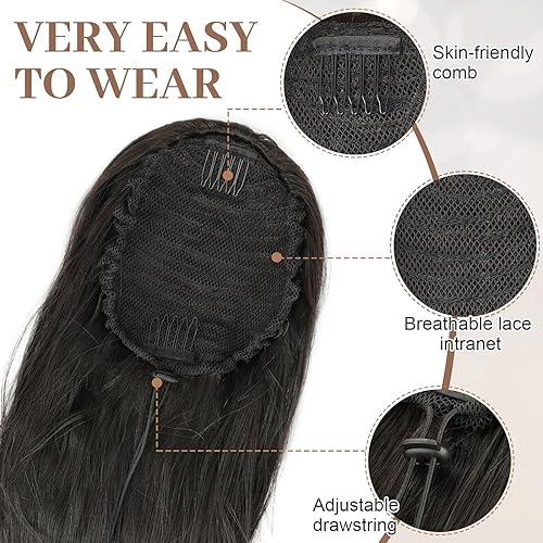 Miniatura 8 de KooKaStyle Extensiones de cola de caballo, 22 pulgadas, color marrón oscuro, largo, ondulado, con clip, extensiones de cabello sintético en capas