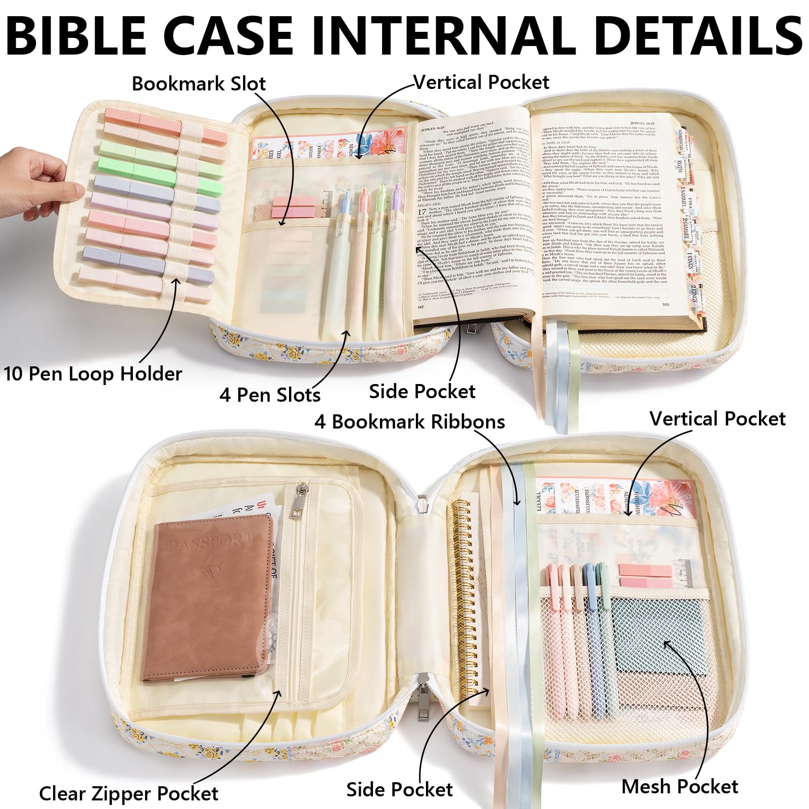 Bibelhülle für Frauen, große Bibeltasche, Bibelstudium, Tagebuch-Set, gesteppte Kirchentasche mit Griff, Puffer-Tragetasche mit Tabs, Zubehör, Ostern, Muttertag, christliche Geschenke für Frauen
