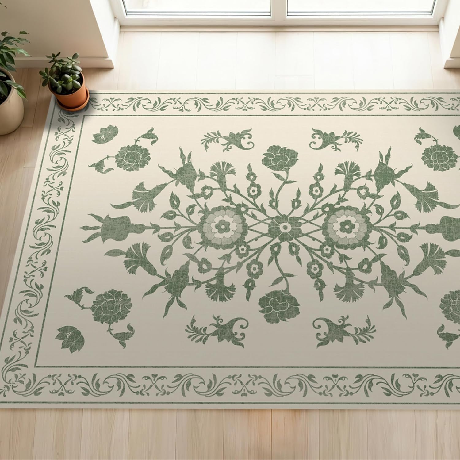 Carolina Creekhouse Vinyl Floor Mat 6'x8' - Green & Cream Floral Pattern - Waterproof Non-Slip Kitchen Rug - Hard Floor Safe - Eco-Friendly Flat Weave - 6'x8'