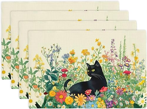 Miniatura 1 de Juego de 4 manteles individuales de tela lavables para mesa de comedor con diseño de gato negro, decoración floral para cocina y comedor para