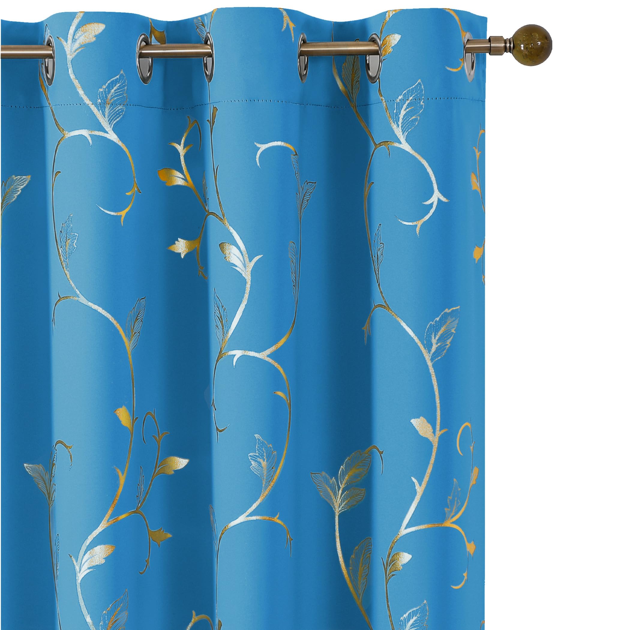 BUHUA Blackout Curtains Gold Foil Print Flower Vine Grommet Drapes, Room Darkening Thermal Insulated Curtains, Noise Reducing Curtain for Bedroom, Classic Blue, 52Wx84L, 2 Panels