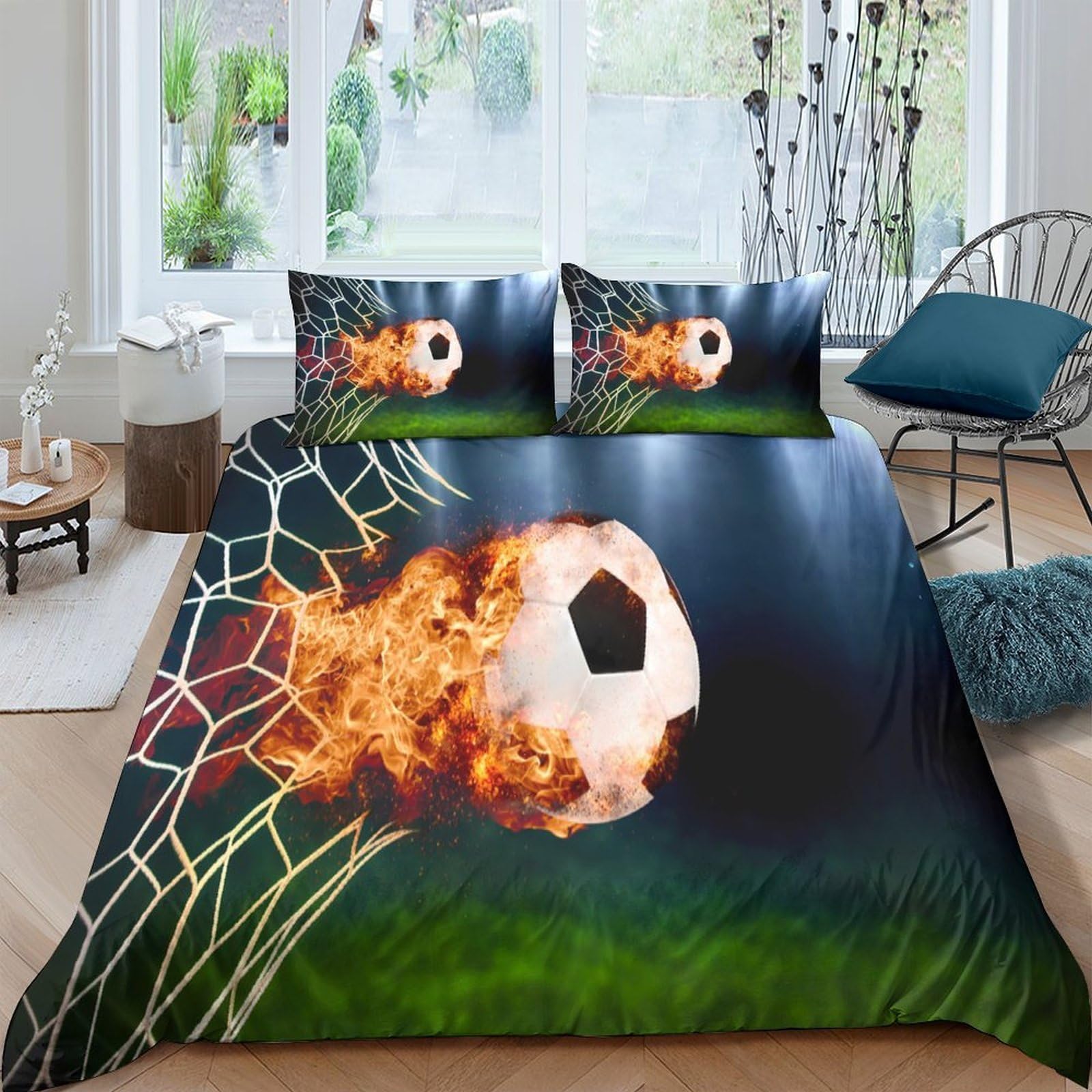 Ctjqhvkz Style-1 3D Printed Flaming Football Fitted Sheet Microfiber Soft Breathable Soccer Goal Bed Cover For Bedroom Decor Single（135X200cm）