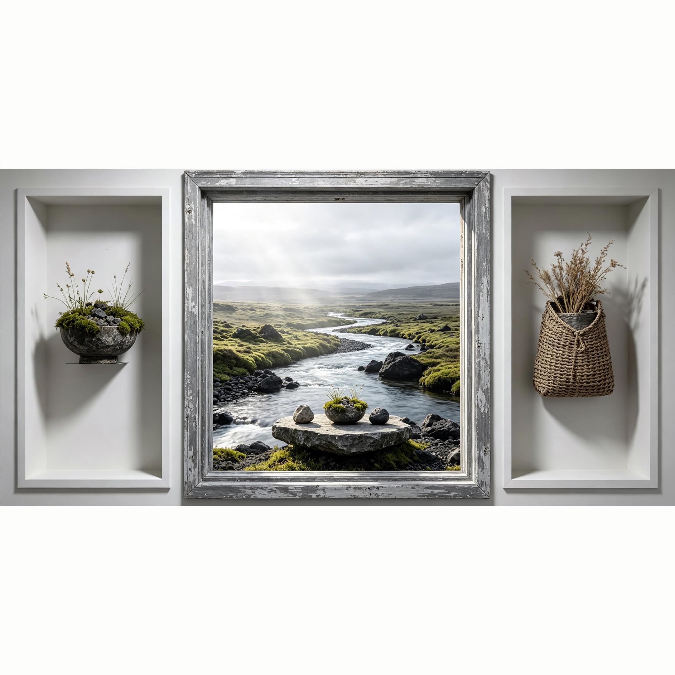 QZLITHOTIC 50x100cm 3D Framed Wall Art， Scenic Icelandic River Valley Landscape Self‑Adhesive Mural， Water‑Activated Peel & Stick Fabric Decor Wall Decal for Bedroom Living Room
