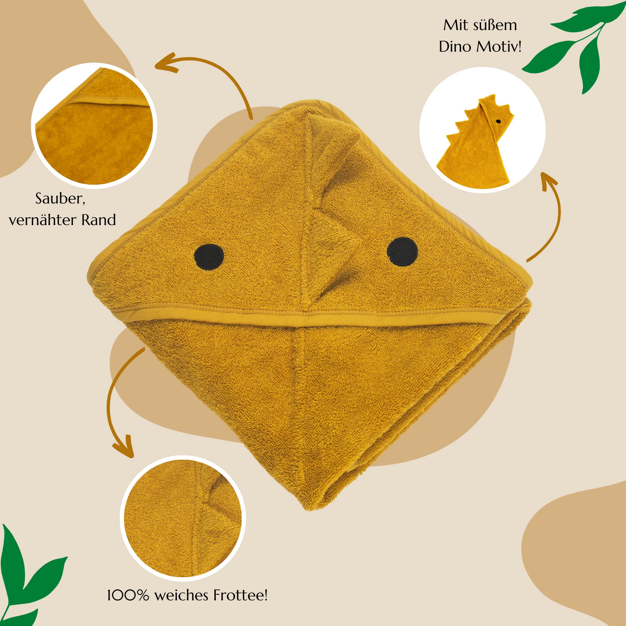 Serviette à capuche pour bébé - Serviette pour bébé avec capuche - 100 % coton - Certifié Oeko-TEX 100 - Douce et douillette - Cadeau pour bébé (75 x 75 cm, dinosaure - Moutarde)