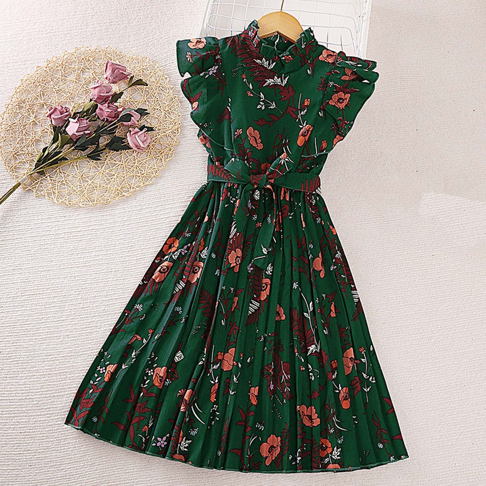 Amazon.com: Kids Clothes Kids Summer Vintage Print Flying Sleeves Pleated Princess  Dress Girls Dresses for Belle (Green, 8-9Years) : Clothing, Shoes & Jewelry
