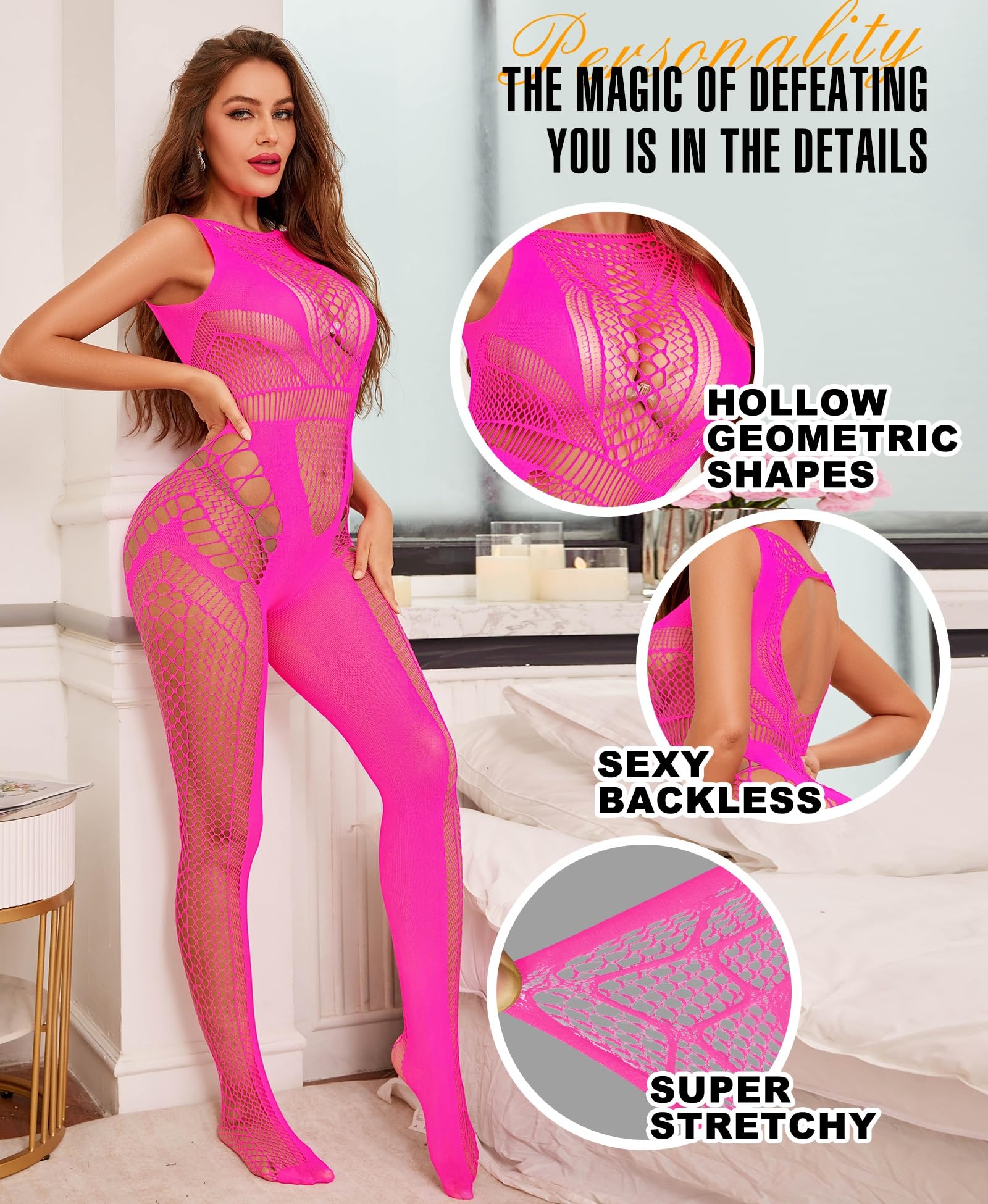 RSLOVE Sexy Lingerie Exotic Bodystocking - Fishnet Cut Out Lingerie Mesh Bodysuit One Piece Babydoll Rave Outfits: One Size Rose Red