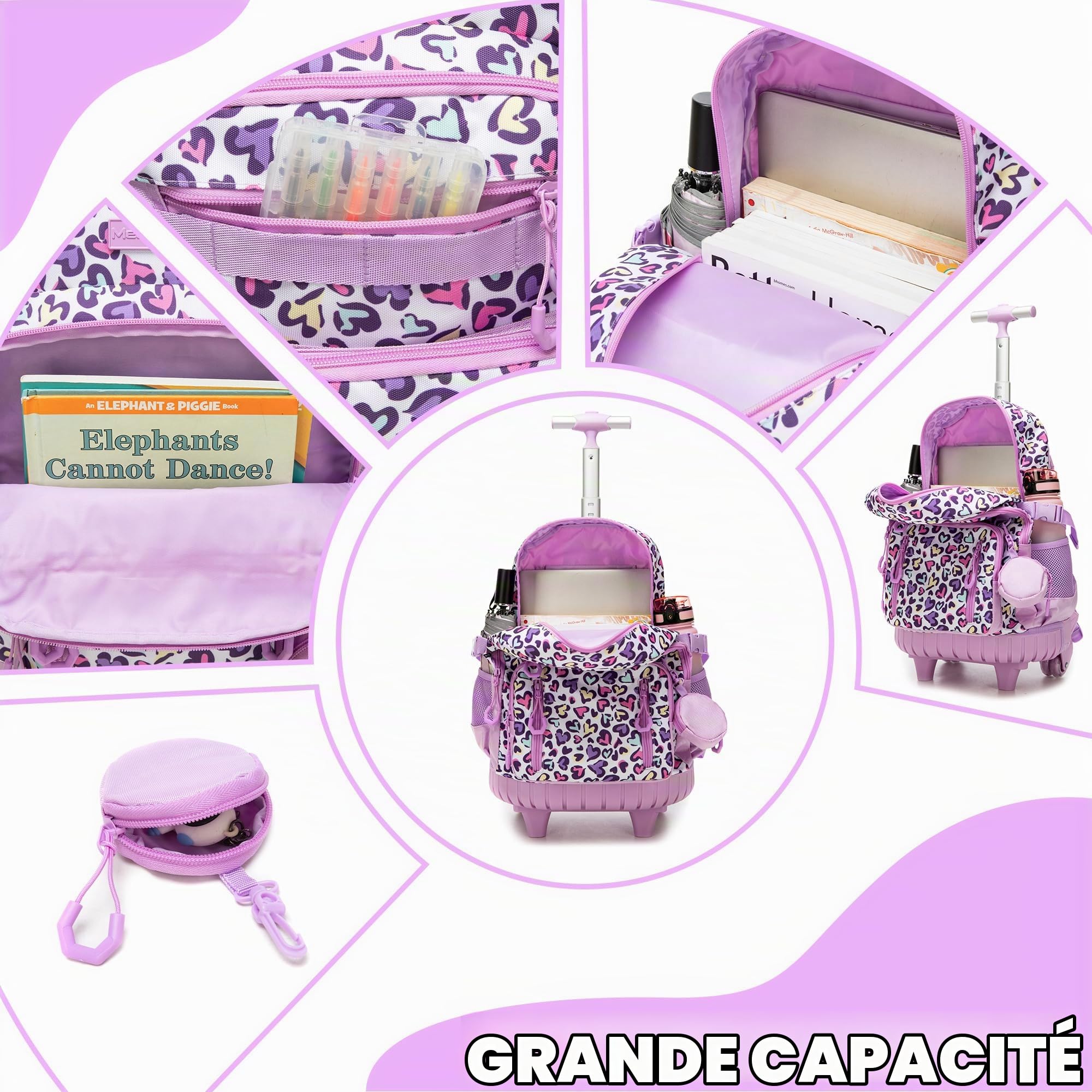 HTgroce Cartable a Roulette Fille cm1 Sac a Roulette Fille Primaire Rentree Scolaire CP,CE1,CE2