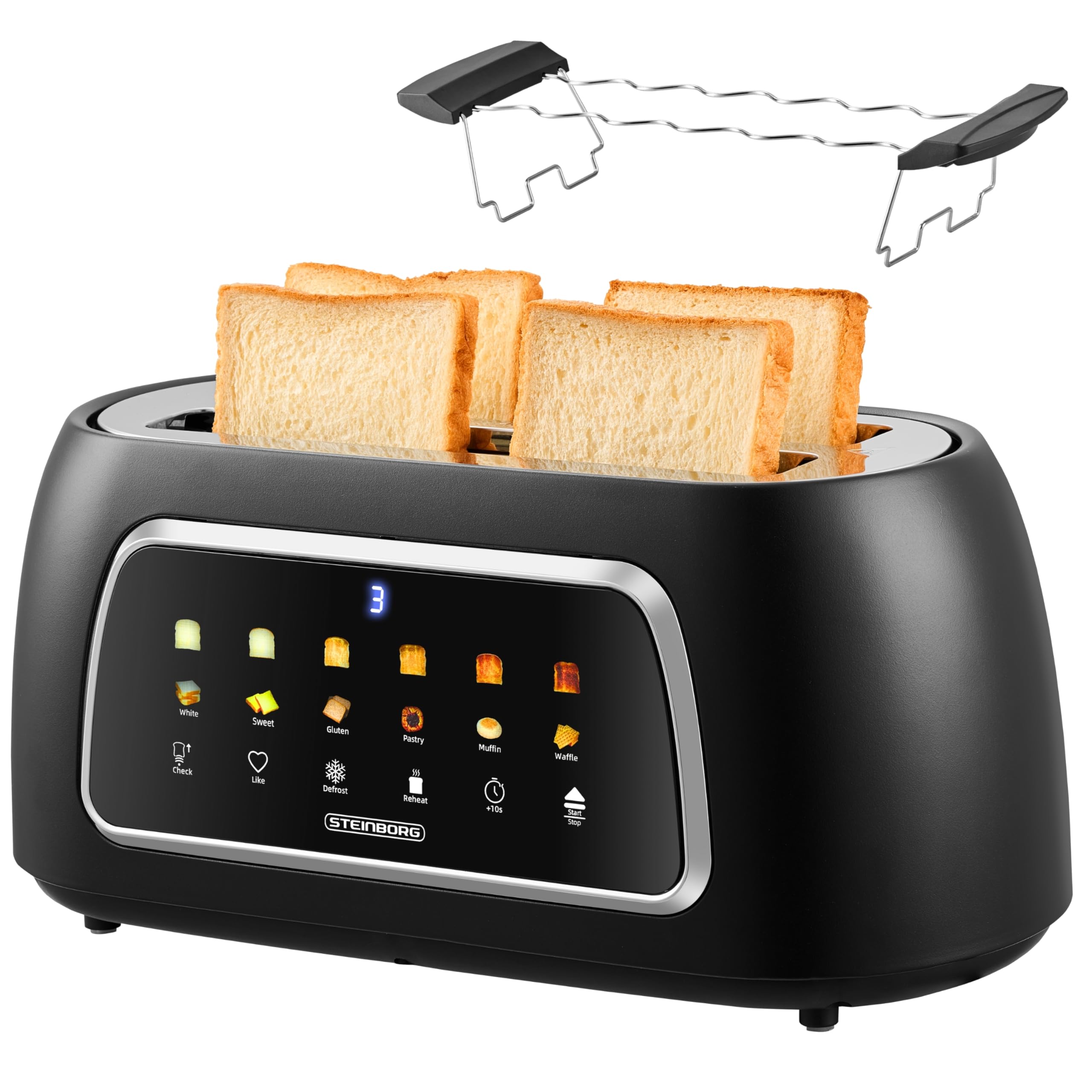 Steinborg Tostapane automatico con inserto per panino, 4 fette, funzione di sollevamento automatico senza leva, tostapane automatico, display digitale, indicatore del pane, spegnimento automatico