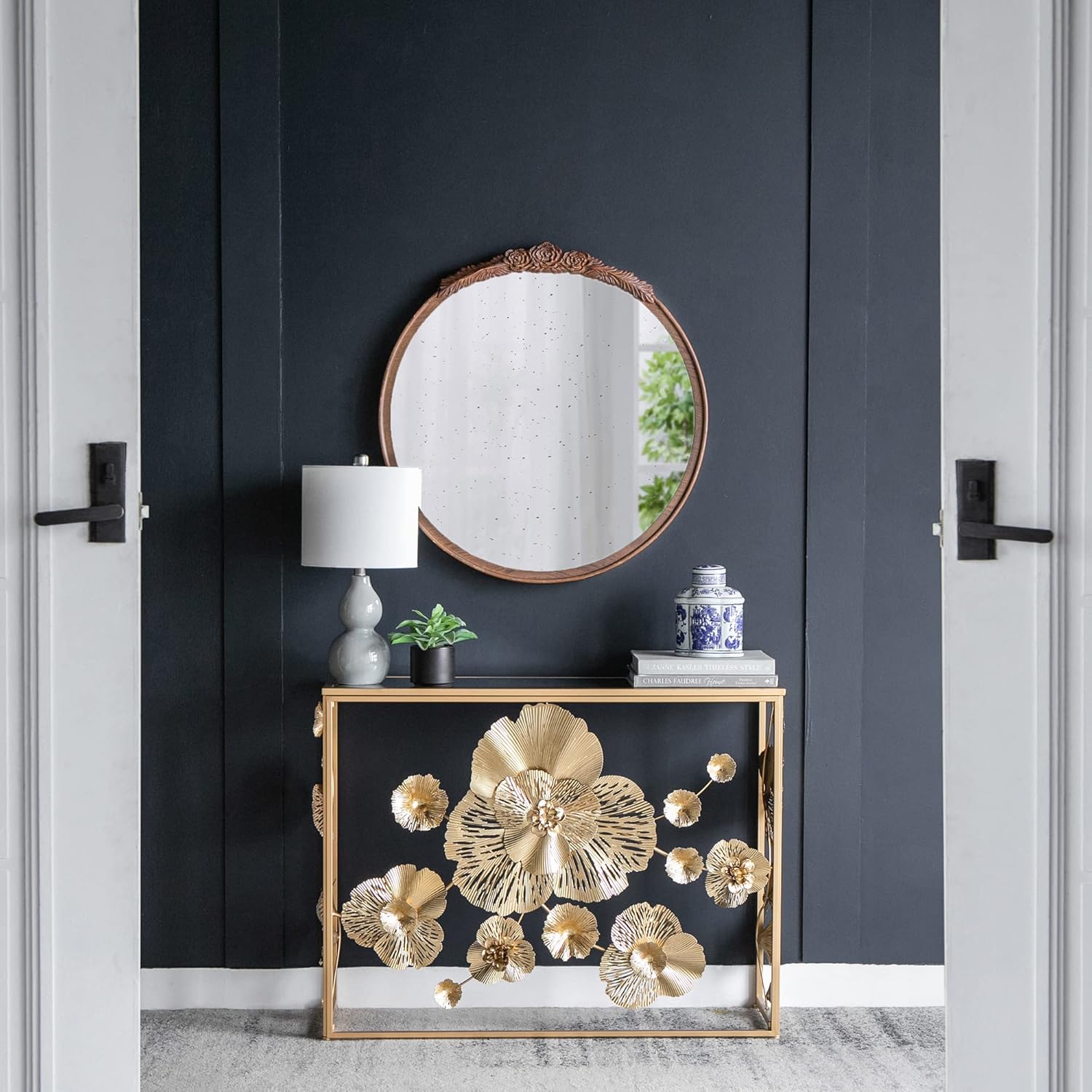 A&B Home Round Wood Mirror - 30" Circle Mirror with Hand Carved Antique Mirror Frame,Bathroom Living Room Bedroom Entryway Vanity Mirror, Dark Brown