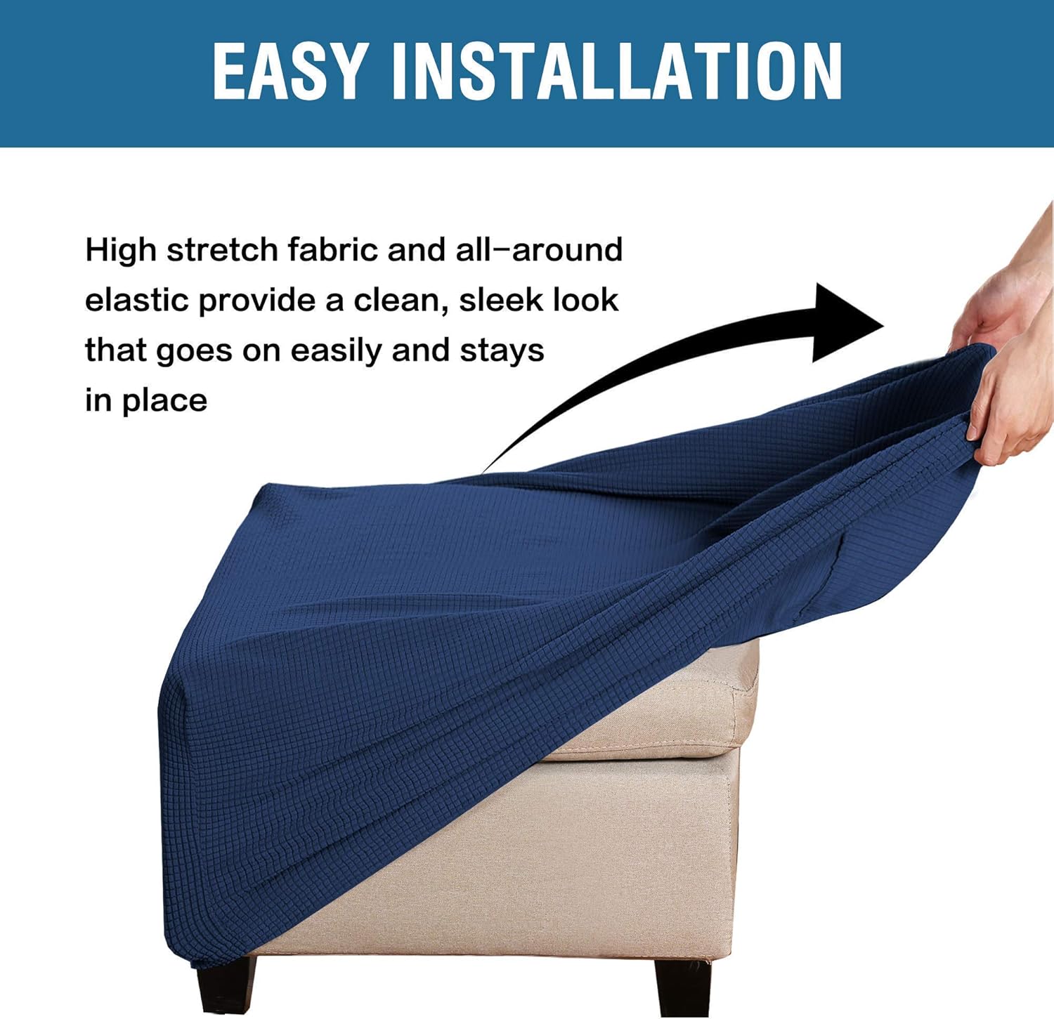 H.VERSAILTEX 2 Piece Sofa Cover for Armchair 32"-48" Bundle Square Ottoman Covers Ottoman Slipcovers, Navy