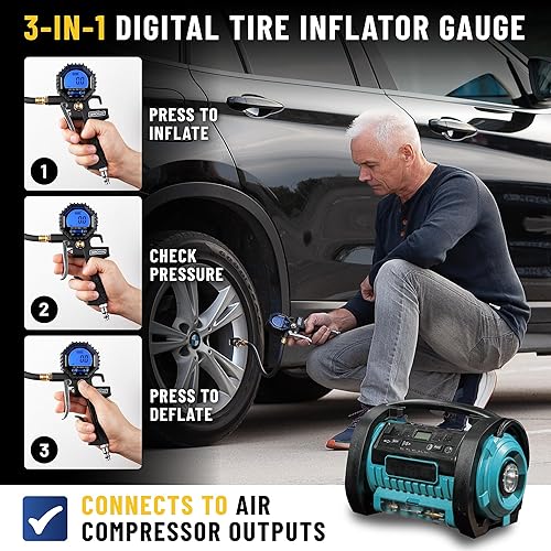 Miniatura 2 de Medidor digital de presión de neumáticos con inflador (3-200 PSI), portabrocas de aire de alta resistencia y accesorios de compresor con portabrocas