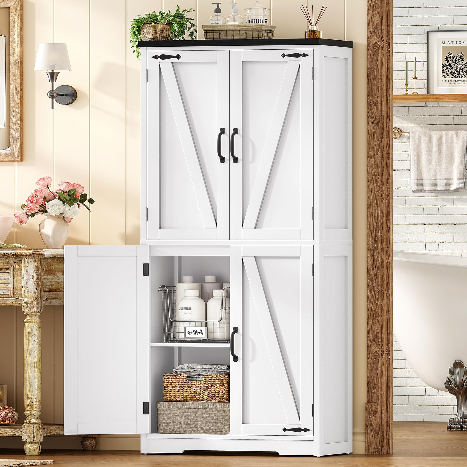 TEENFON 148 cm Alacena de Cocina, Armario de Cocina con 4 Puertas de Granero, Armario Alto con 2 Estantes Fijos & 1 Estantes Ajustables, para Comedor, Sala de Estar, Baño - 60 x 30 x 148 cm - Blanco