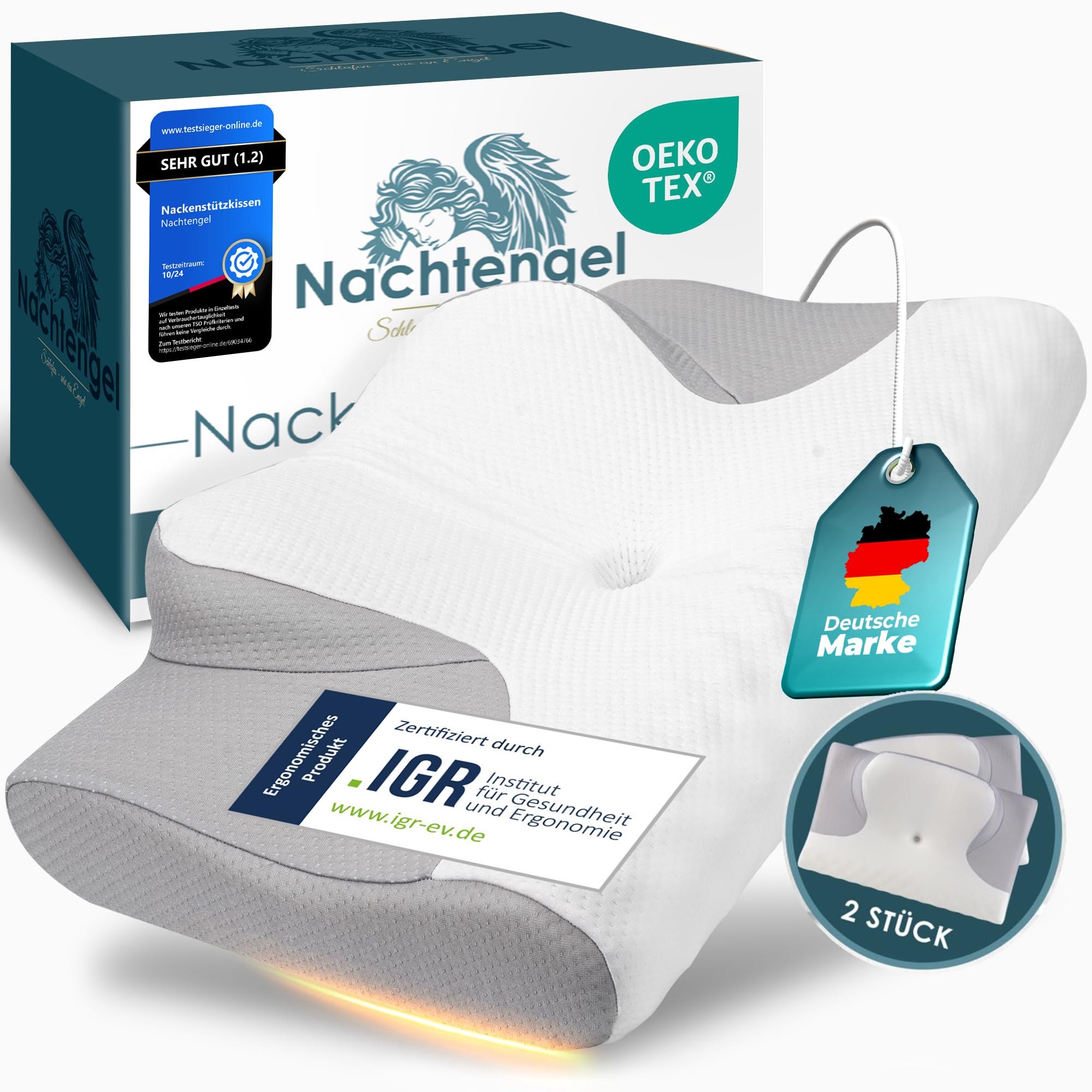 Nachtengel ORTHOPÄDISCHES Kissen 2ER Set AUS Memory Foam – Ergonomisches Kopfkissen zur Entlastung bei Nackenschmerzen, IGR-Zertifiziert – Nackenkissen für Rücken-, Bauch- & Seitenschläfer