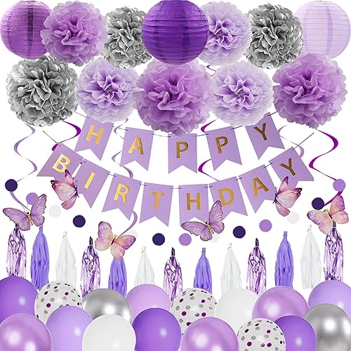 72 piezas de decoraciones de fiesta de cumpleaños moradas para niñas y mujeres, lavanda púrpura y mariposa plateada, suministros de decoración de