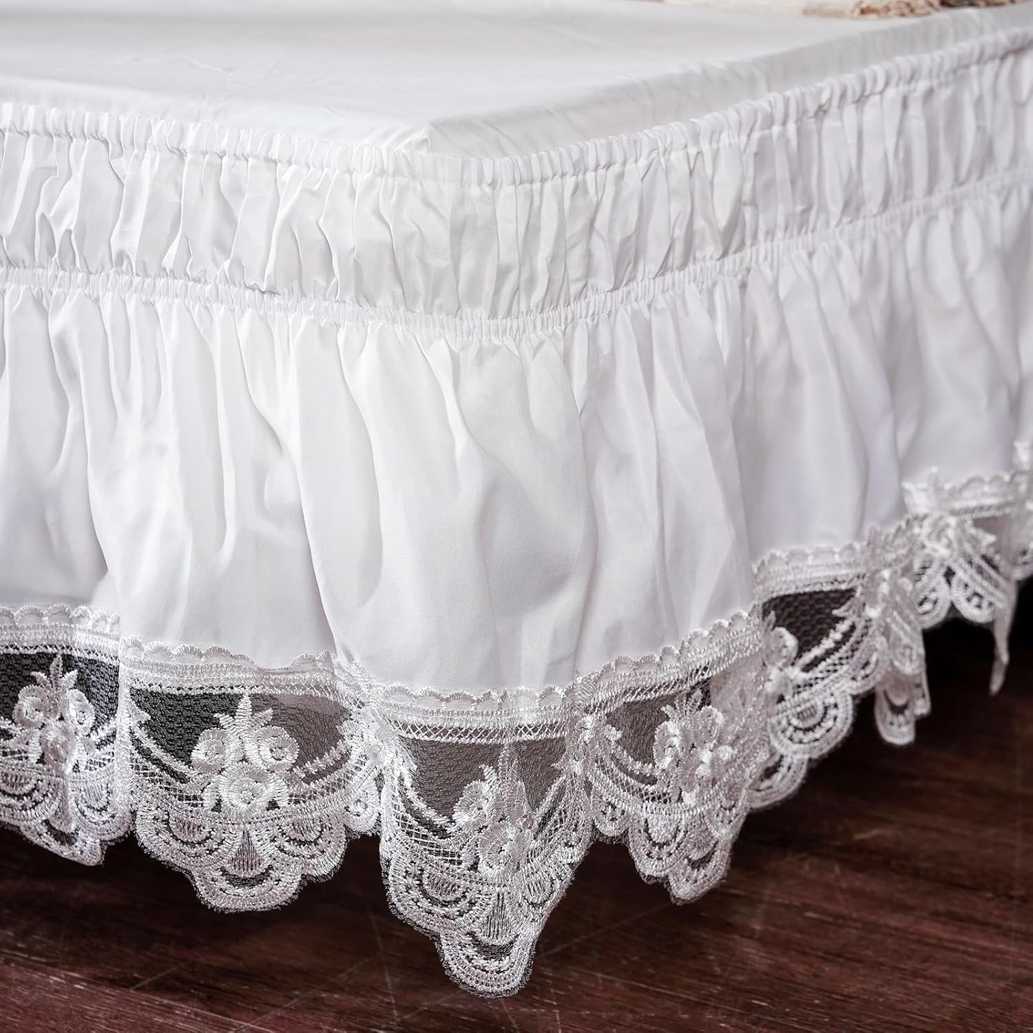 ARTABLE Lace Bed Skirts Wrap Around Ruffled Bed Scarf Elastic Dust with Adjustable Belts 15 Inch Drop Twin Queen King Size Lace Trimmed Bed Skirt (Offwhite D, Queen (60 x 80'')-15 Inch Drop)