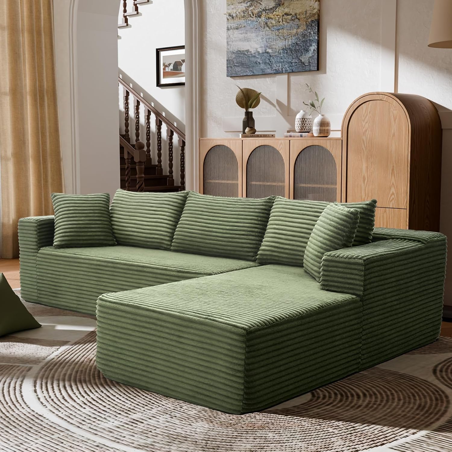 106" Modular Sectional Sofa, Green Corduroy Cloud Couch with Left Chaise, Deep Seat Boneless Floor Sofa for Living Room, High-Resilience Foam Support, No Assembly Required, Includes Pillows | Sectional Sofa, Corduroy Cloud, Boneless, High-Resilience, No Assembly