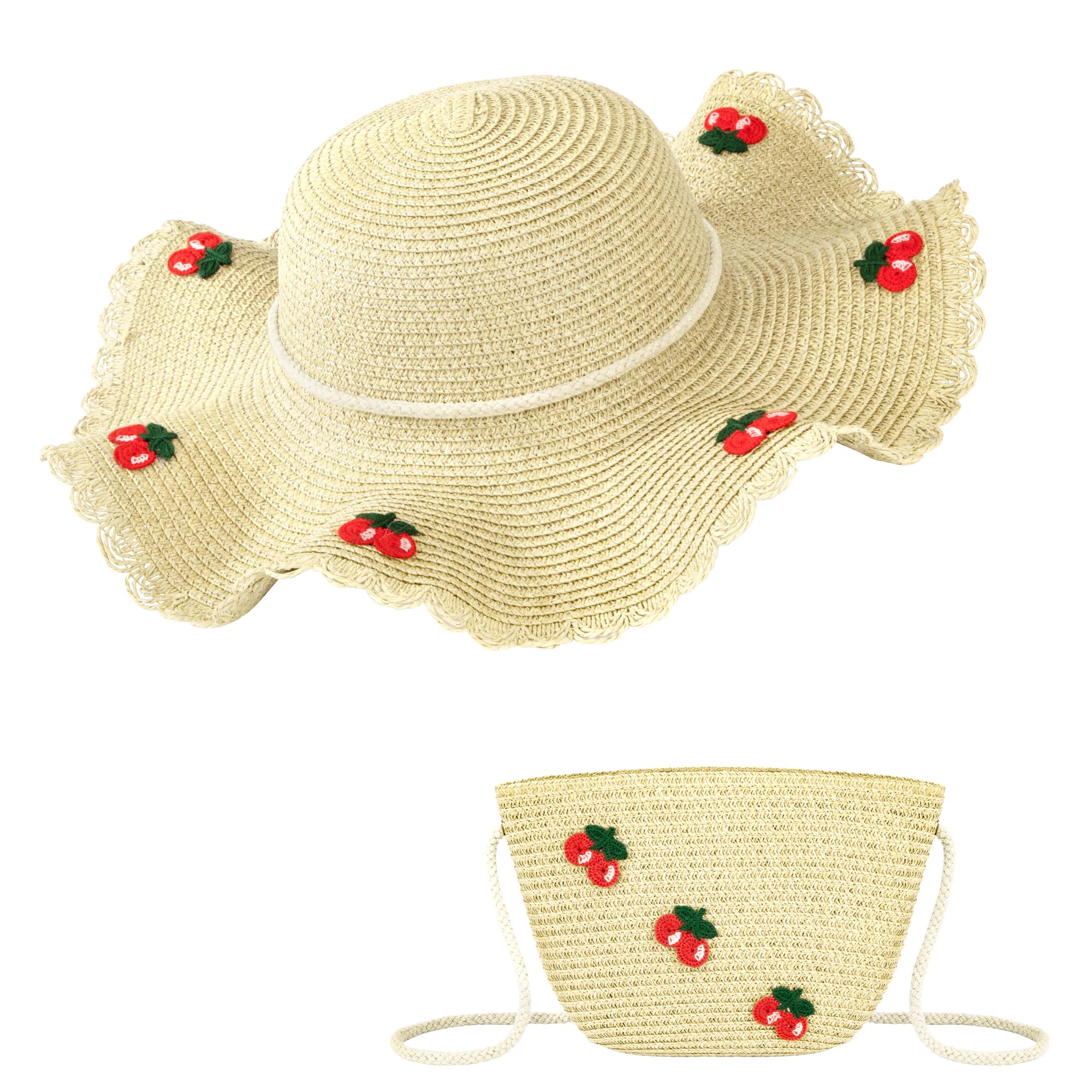 HONGXIN-SHOPStraw Hat and Bag Set Kids Sun Hat Mini Purse with Cherry Decoration Breathable Sun Protection Hat Set for Kids Girls Spring Summer Travel Holiday Vacation