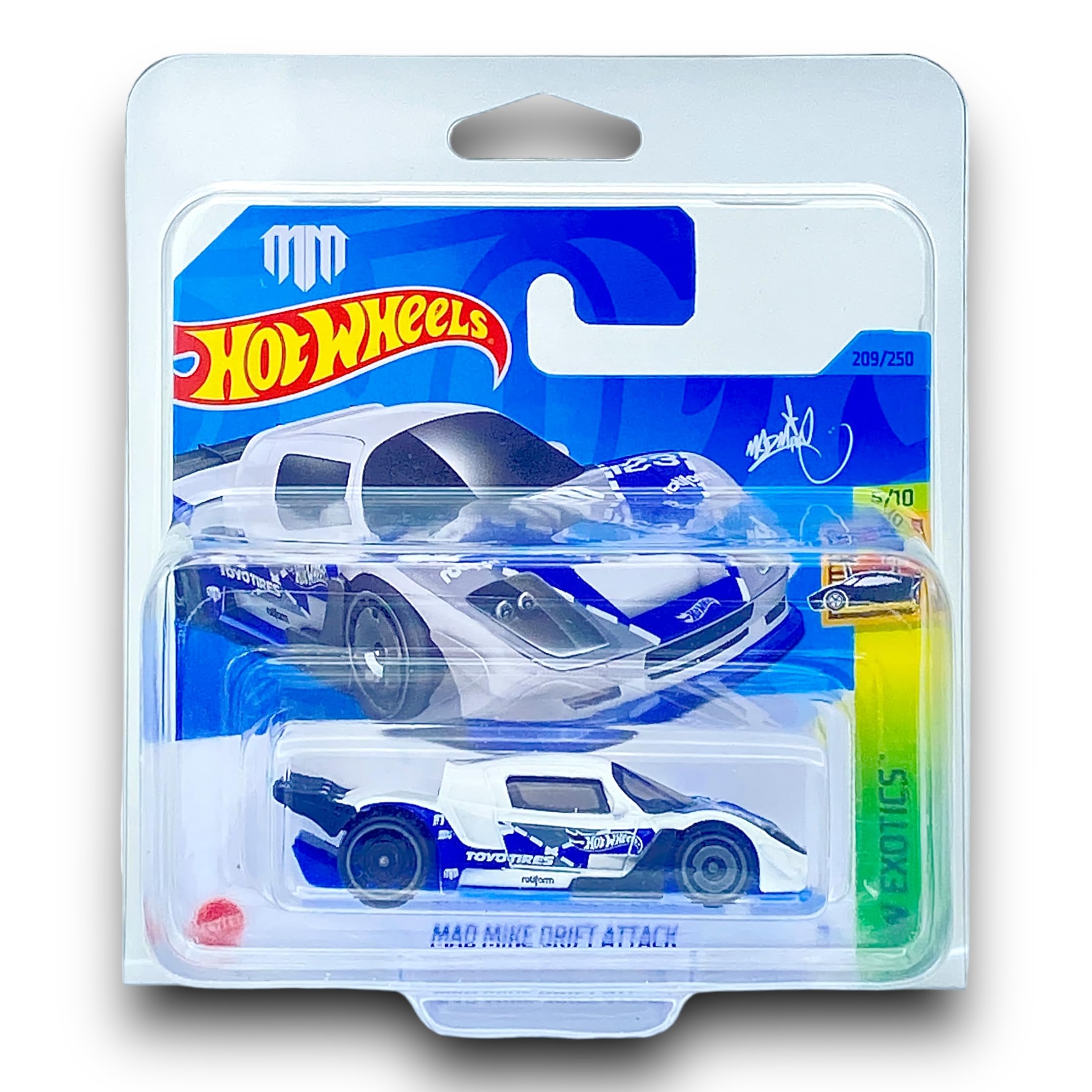 Hot Wheels Mad Mike Drift Attack (White & Blue) 5/10 HW Exotics - 2023-209/250 (Short Card) - COMES IN A KLAS CAR KEEPER SHORT CARD PROTECTOR CASE - HKG58