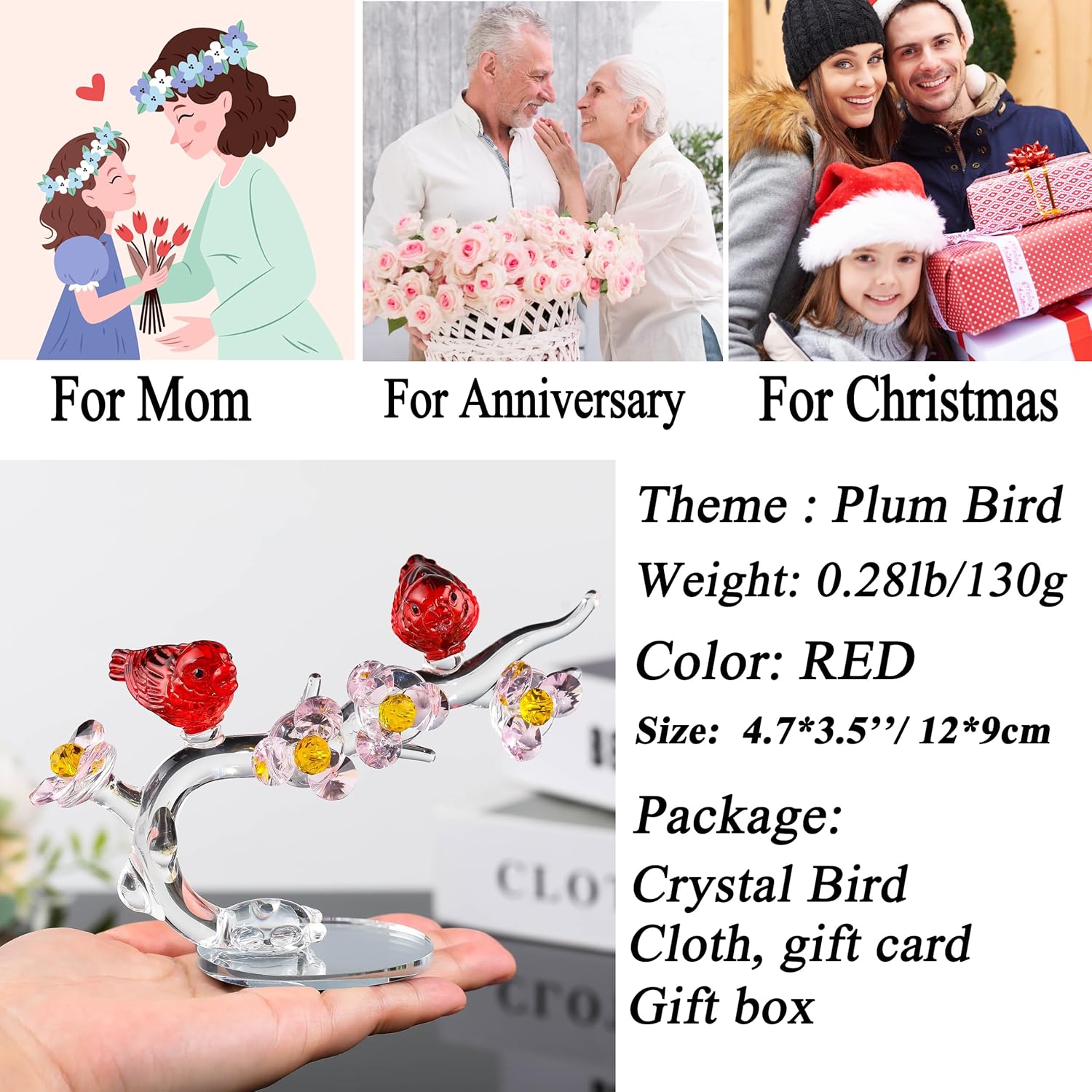 Qianwei Crystal Bird Figurine with Plum Blossom Collectible - Glass Animals Figurines Crystal Office Desk Table Home Decor Paperweight Handmade - Image 3