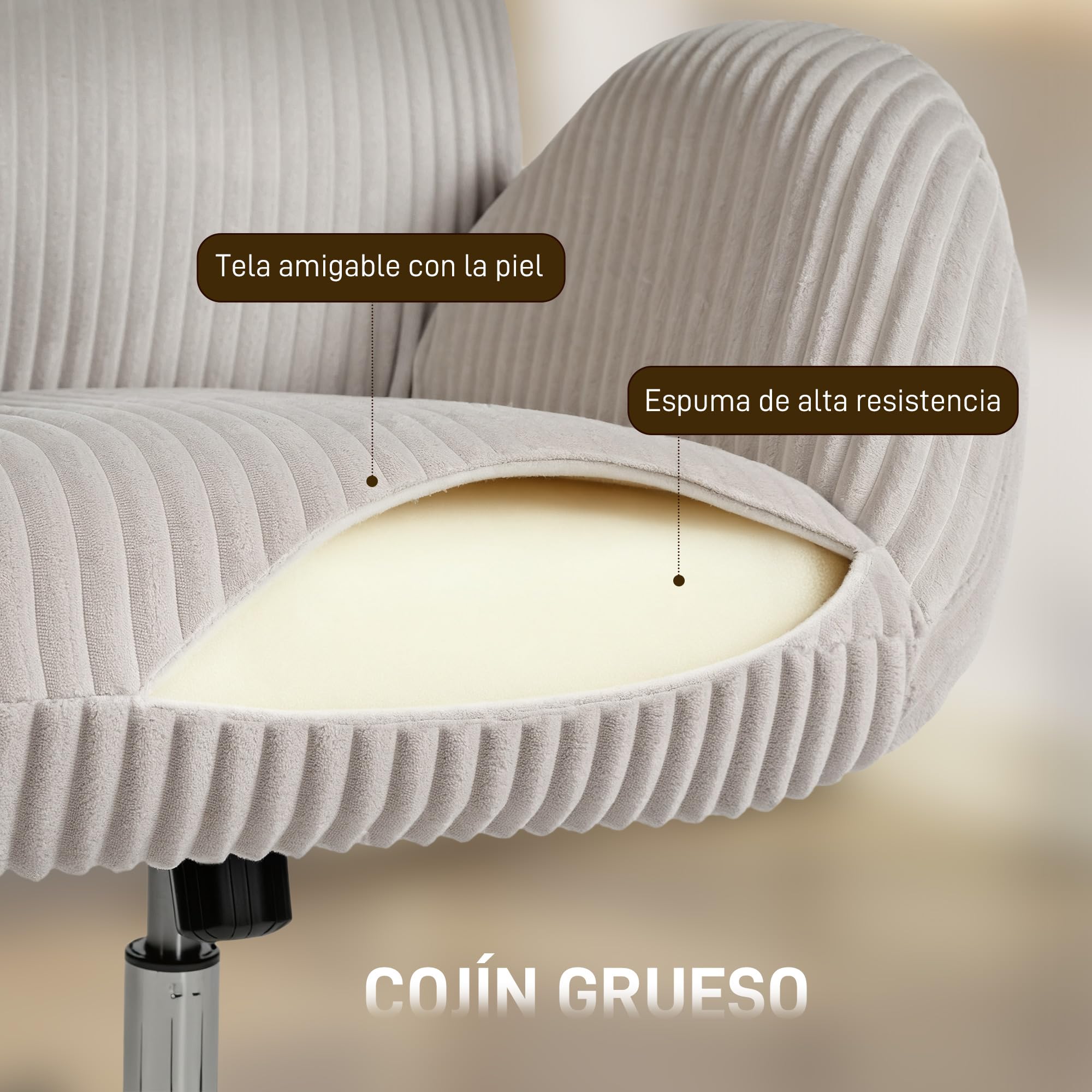 HOMCOM Silla de Oficina Piernas Cruzadas Reposabrazos Respaldo Alto Gris | Silla de Escritorio, Reposacabezas Regulable, Ruedas, Altura Ajustable, Giratoria, Función Basculante, Tapizada en Pana