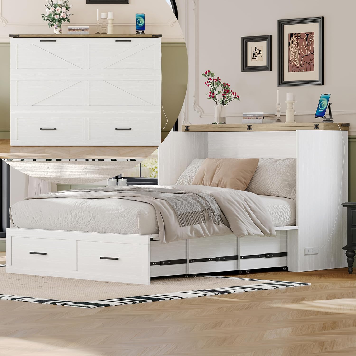 Ball & Cast Murphy Bed Full Size with Charging Station,Farmhouse Murphy Cabinet with Large Storage Drawer,Hideaway Bed Foldable Platform Bed for Guest Room, Apartment, White