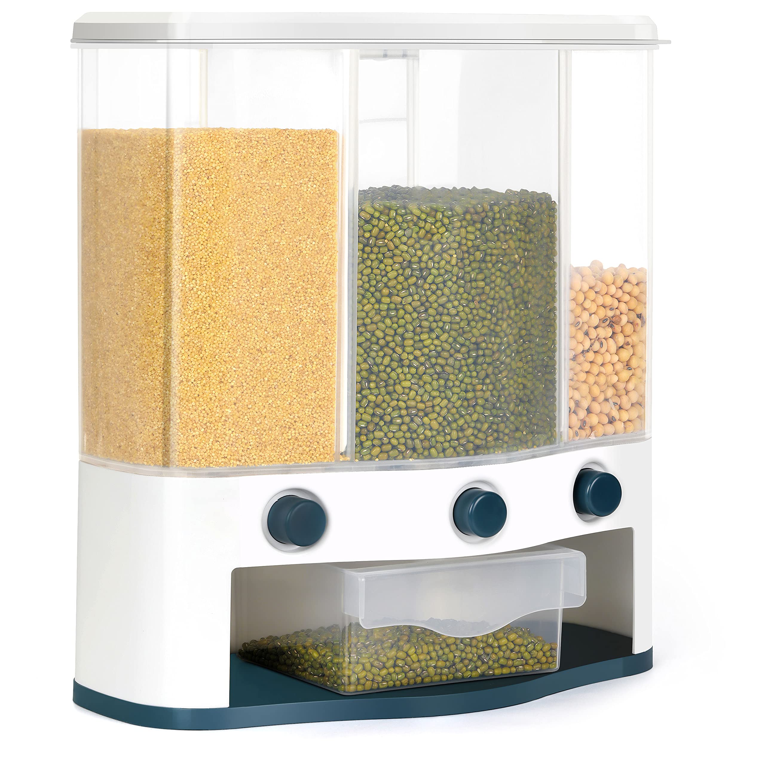 KivstyRice Dispenser, Wall Mounted Press Cereals Dispenser - Grain Storage Container with 1 Measuring Cup, Automatic Rice Storage Container for Beans, Pet Food, Corn and Coffee
