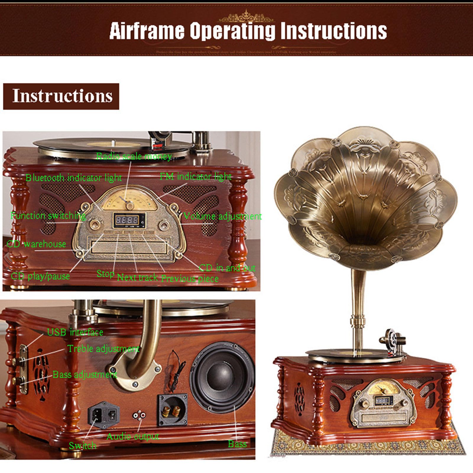 Giradischi retrò con altoparlanti stereo integrati, giradischi Bluetooth con trasmissione a cinghia per la casa, design vintage con fonografo