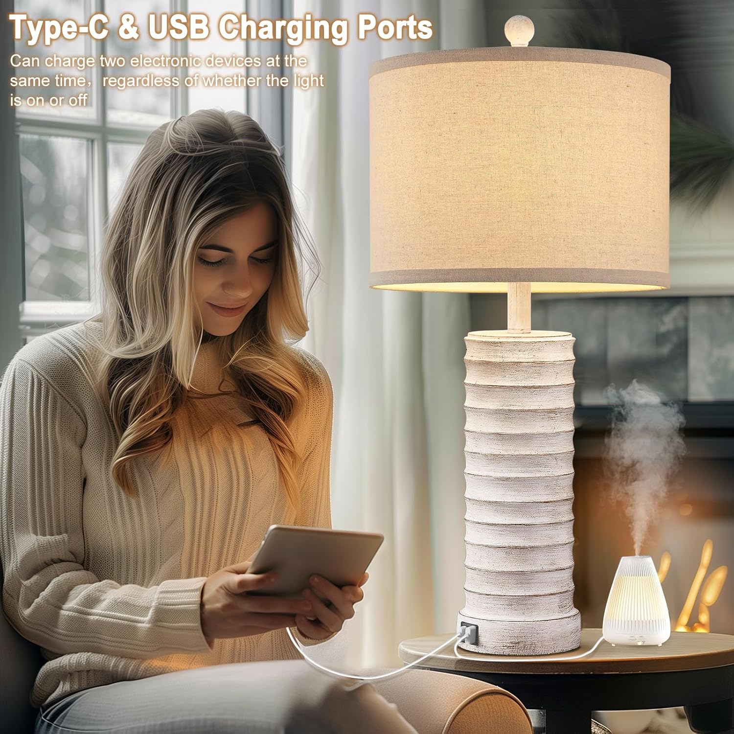 27.5'' Tall Farmhouse Table Lamps for Living Room Set of 2, Rustic Bedroom Lamps for Night Stands, Bedside Lamps with USB Ports for Bedroom Living Room, Nightstand Lamps for End Table, Hallway