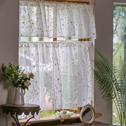 SUTAVIA Juego de cortinas de niveles y cenefa de 3 piezas con estampado vintage de primavera, tratamiento para ventanas con bolsillo para varilla,