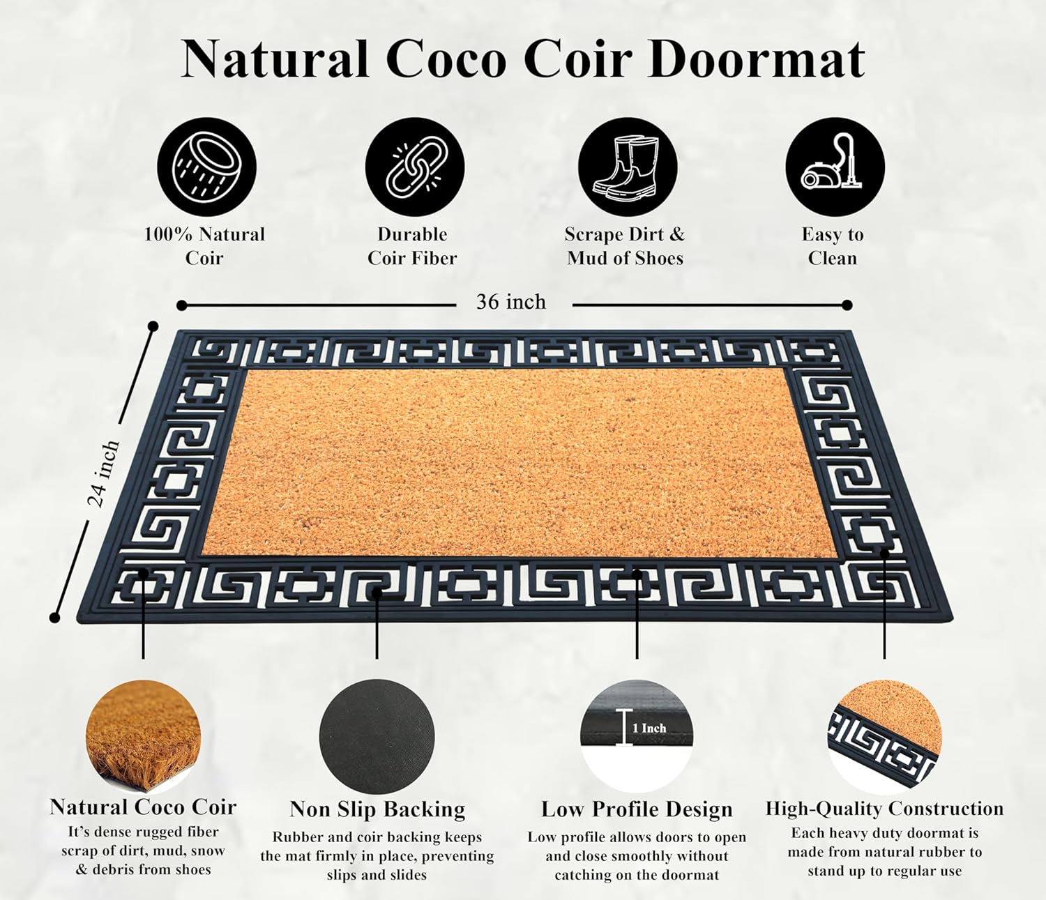 A1 Home Collections 36"×24" Natural Coir & Rubber Doormat - Decorative Welcome Design, Heavy Duty Coconut Fiber Entry Mat with Non-Slip Backing - Anti-Shed Treated, Low Profile Outdoor Front Door Mat