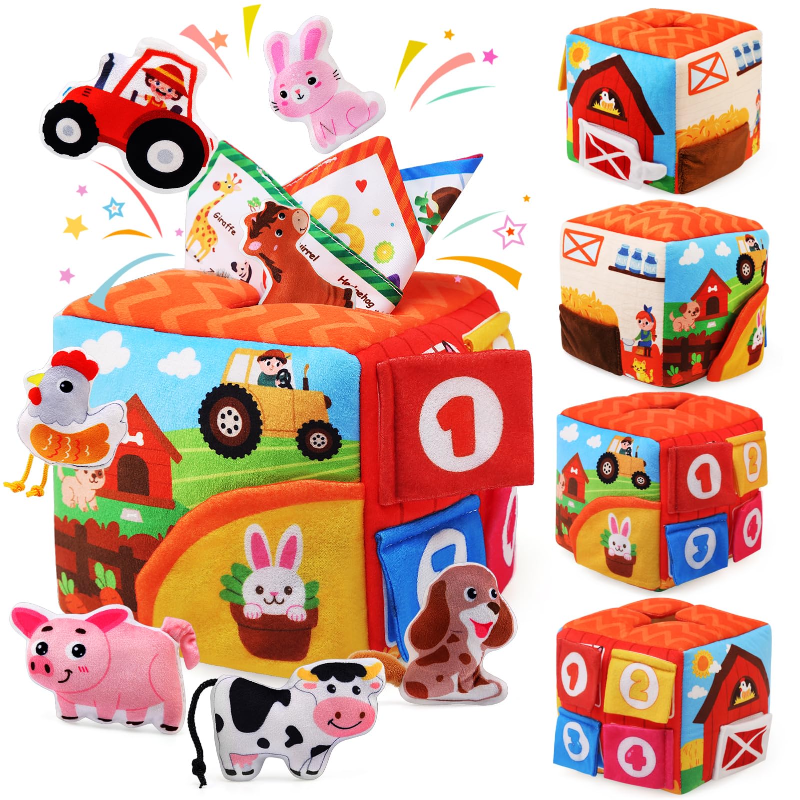 LEADSTAR Baby Tissue Box Toy Farm Crink Plush,Whats Inside Box Montessori Toys with Rattle,Crinkle,Mirror for Babies 6 9 12 18 Months Early Developmental Infant Sensory Learning Toys Newborn Gifts (C)