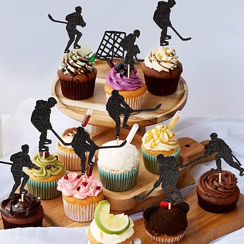 Miniatura 4 de Ercadio Paquete de 24 adornos de hockey para cupcakes temáticos deportivos, decoraciones para jugadores de hockey, baby shower, suministros de