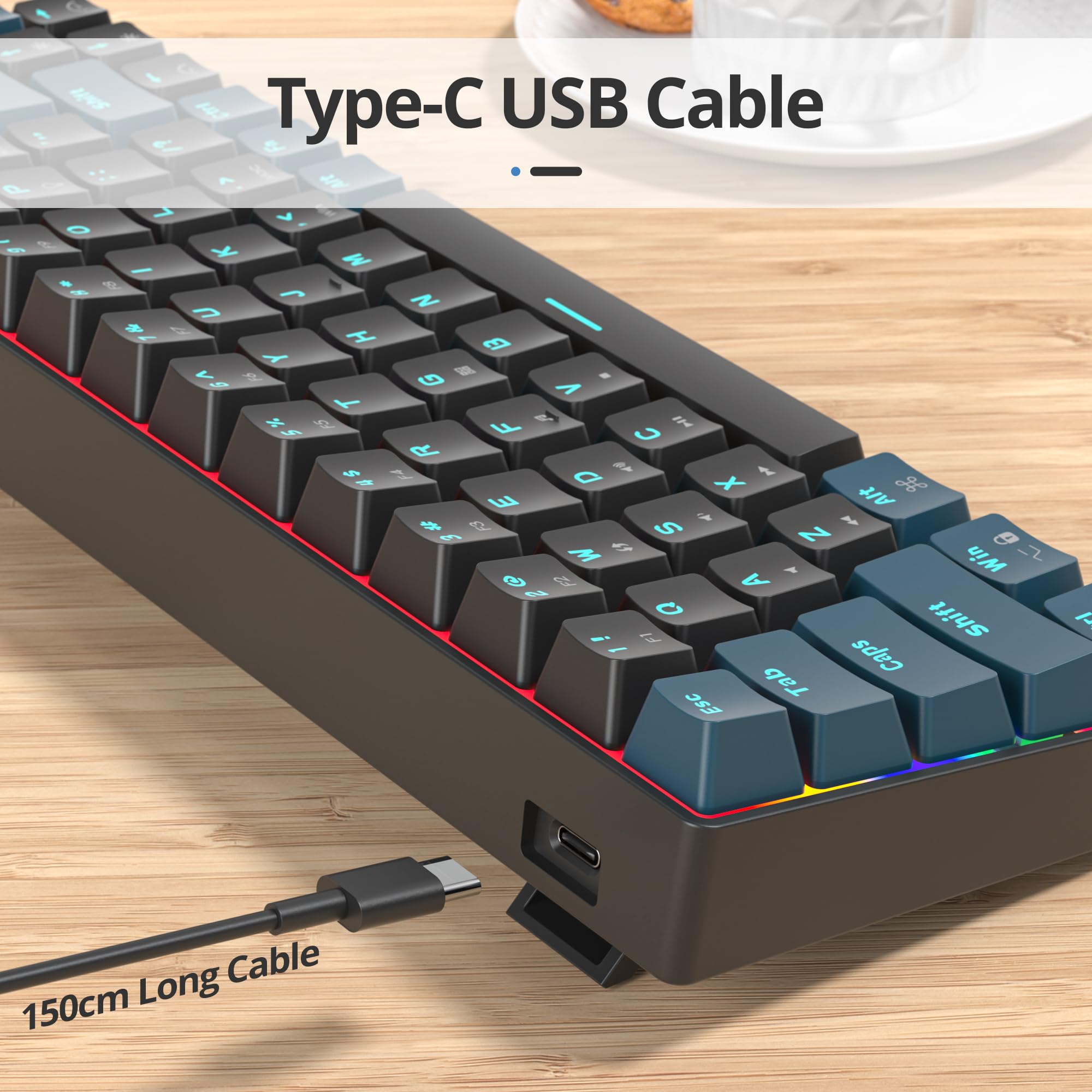 65% Tastiera Meccanica Gaming, 68 Tasti Compact Mini Tastiera 60 Percento Retroilluminazione LED,Cablato Tastiera Gaming USB, Americana QWERTY, per PC, Mac, Office, Gaming
