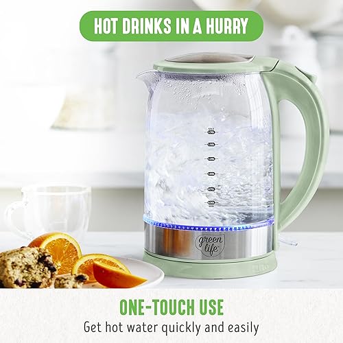 Miniatura 2 de GreenLife Hervidor eléctrico de vidrio de 1.7 litros, uso fácil de un toque, calentamiento rápido, boquilla filtrada, base LED, apagado automático,