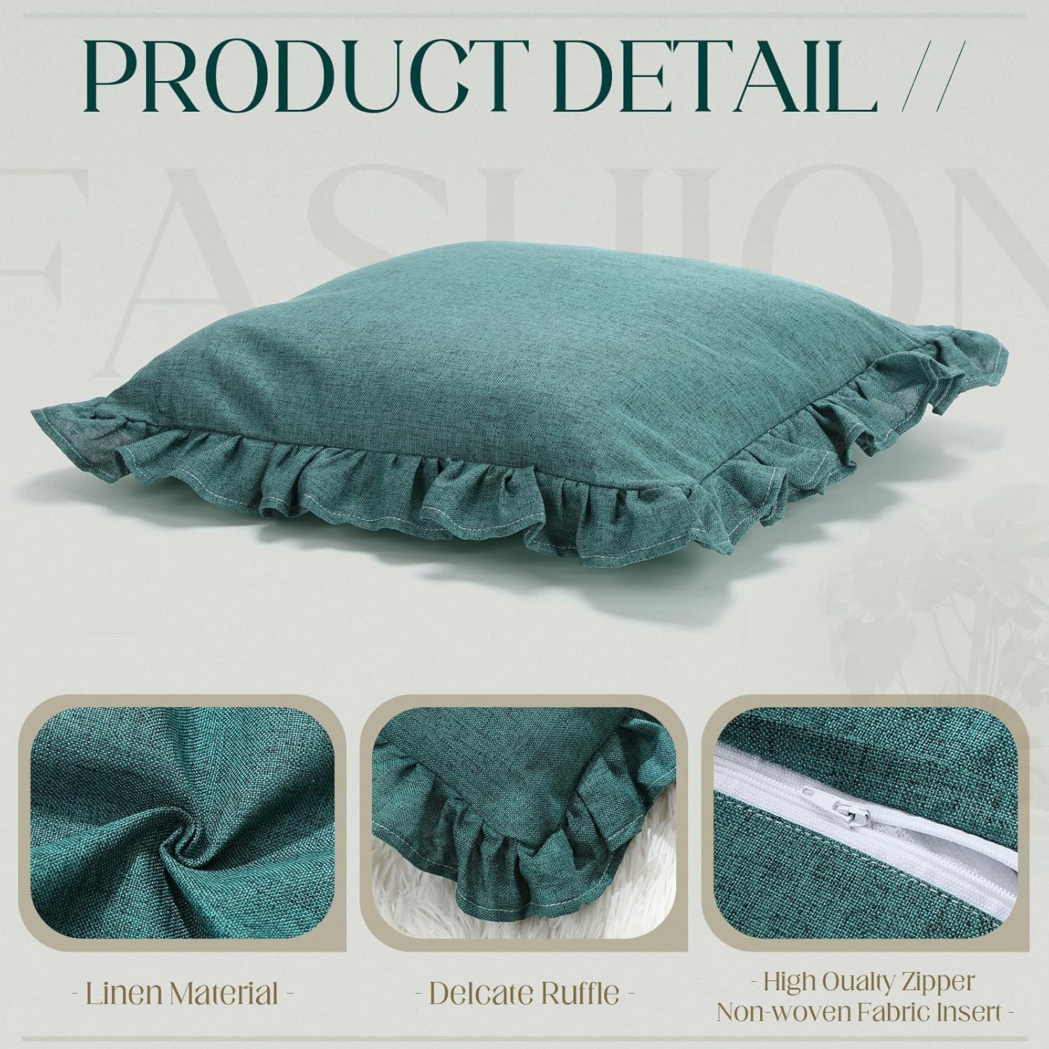 Set of 2 Dark Green Ruffle Throw Pillows with Inserts Decorative Linen Zippered Pillows 18 x 18 Inch Include Detachable Pillowcase and Non Woven Fabric Inserts for Cushion Bed Couch Sofa