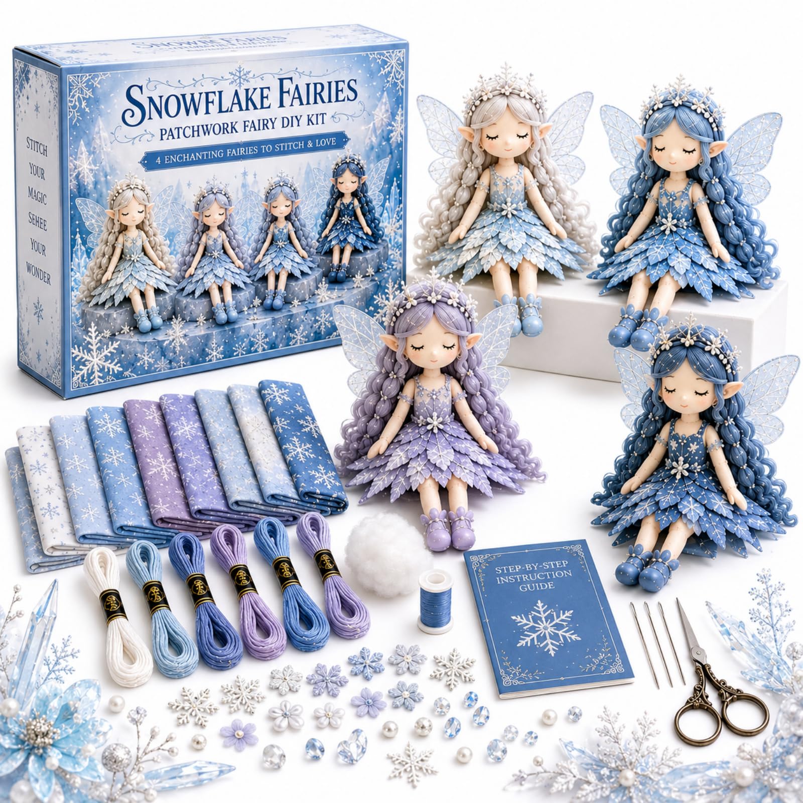 Fairy Patchwork DIY Collection, Fairy Handmade Sewing Kit, Fun Flower Fairies Patchwork Sewing Kit, 4 Handcrafted Winged Flower Fairies, Complete Sewing Materials (D 1set)