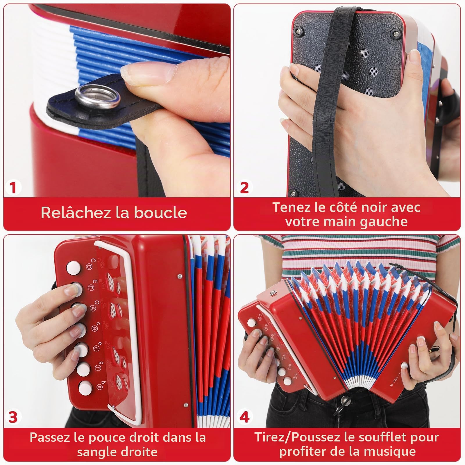 Accordéon pour Enfant, Accordeon Enfant à 10 Touches avec Sangles, Instrument de Musique Accordéon pour Débutants, Accordéon Enfant de 3 Ans et Plus, Rouge