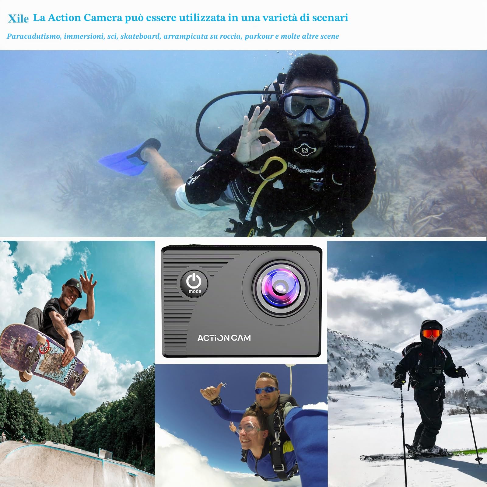 Xilecam Action Cam 1080P con scheda da 32 GB Telecamera Moto, Macchina Fotografica Subacquea impermeabile 40M, Fotocamera Subacquea con 2 x Batterie Ricaricabili e Kit Accessori（X8000Pro）