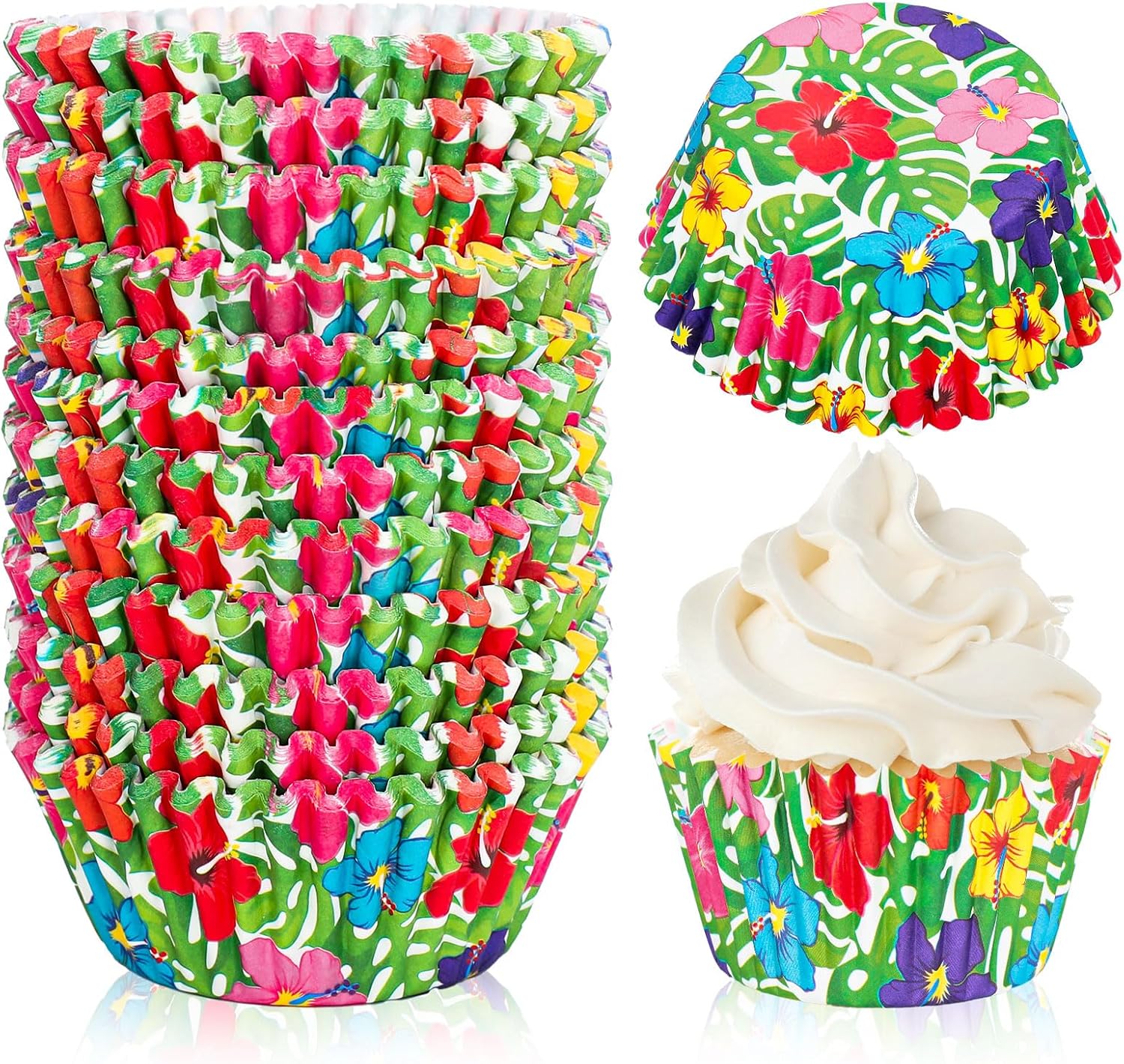 FYSUIMU 300Pcs Hawaiian Cupcake Liners Palm Leaf Hibiscus Paper Baking Cups Tropical Luau Party Standard Muffin Cupcake Wrappers for Party Supplies Table Decor