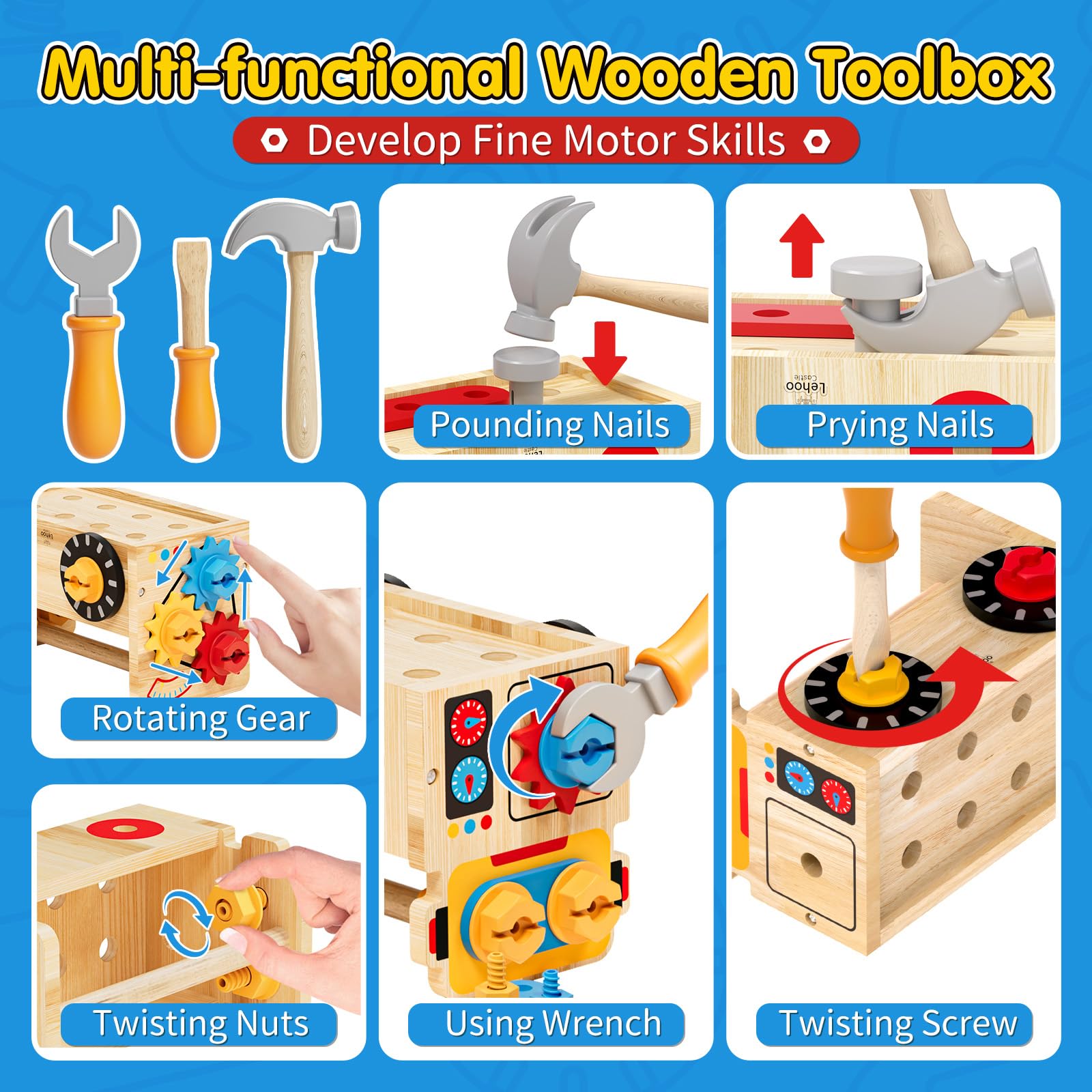 Lehoo Castle Wooden Kids Tool Set, Montessori Educational Toys for Kids Age 2+, Pretend Play Tool Box Bench Construction Toys - Image 2
