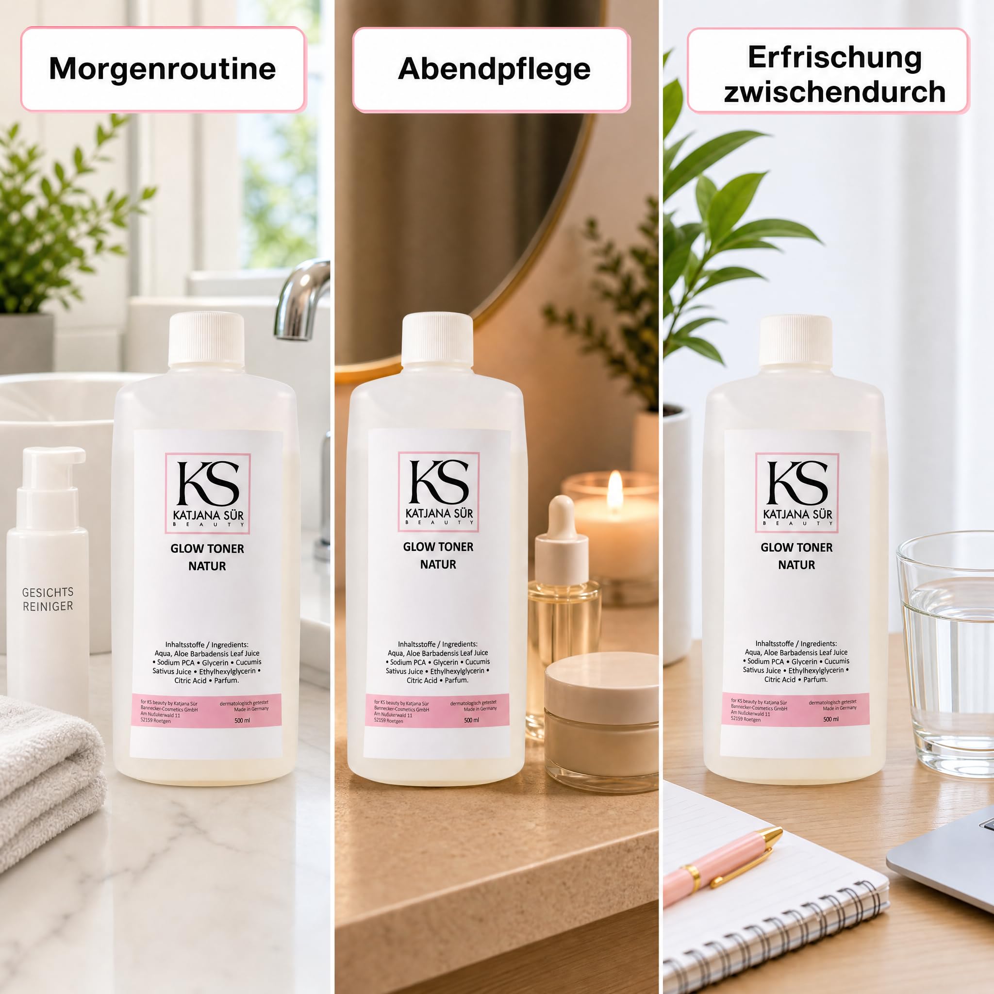 KS Beauty Glow Toner Gesichtswasser mit Pumpspender, 500 ml | Feuchtigkeitsspendender Gesichtstoner für trockene & sensible Haut – dermatologisch getestet, Made in Germany
